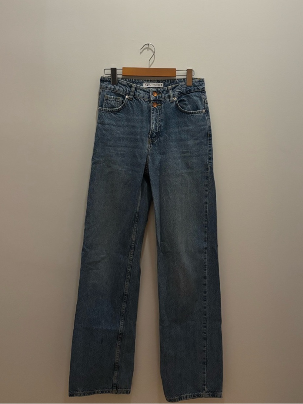 Zara Medium Blue High Waisted Straight Leg Jeans